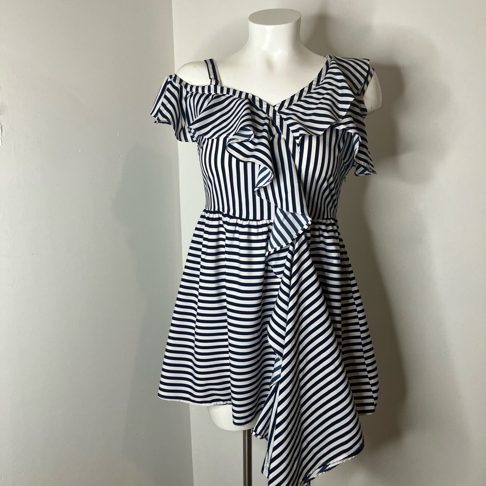 Boohoo Navy and White Asymmetrical Dress